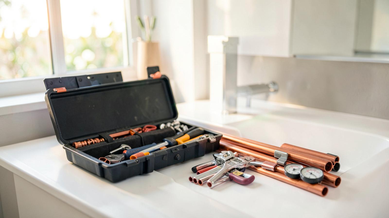 Plumbing tools and copper pipes laid out beside a sink in a modern bathroom